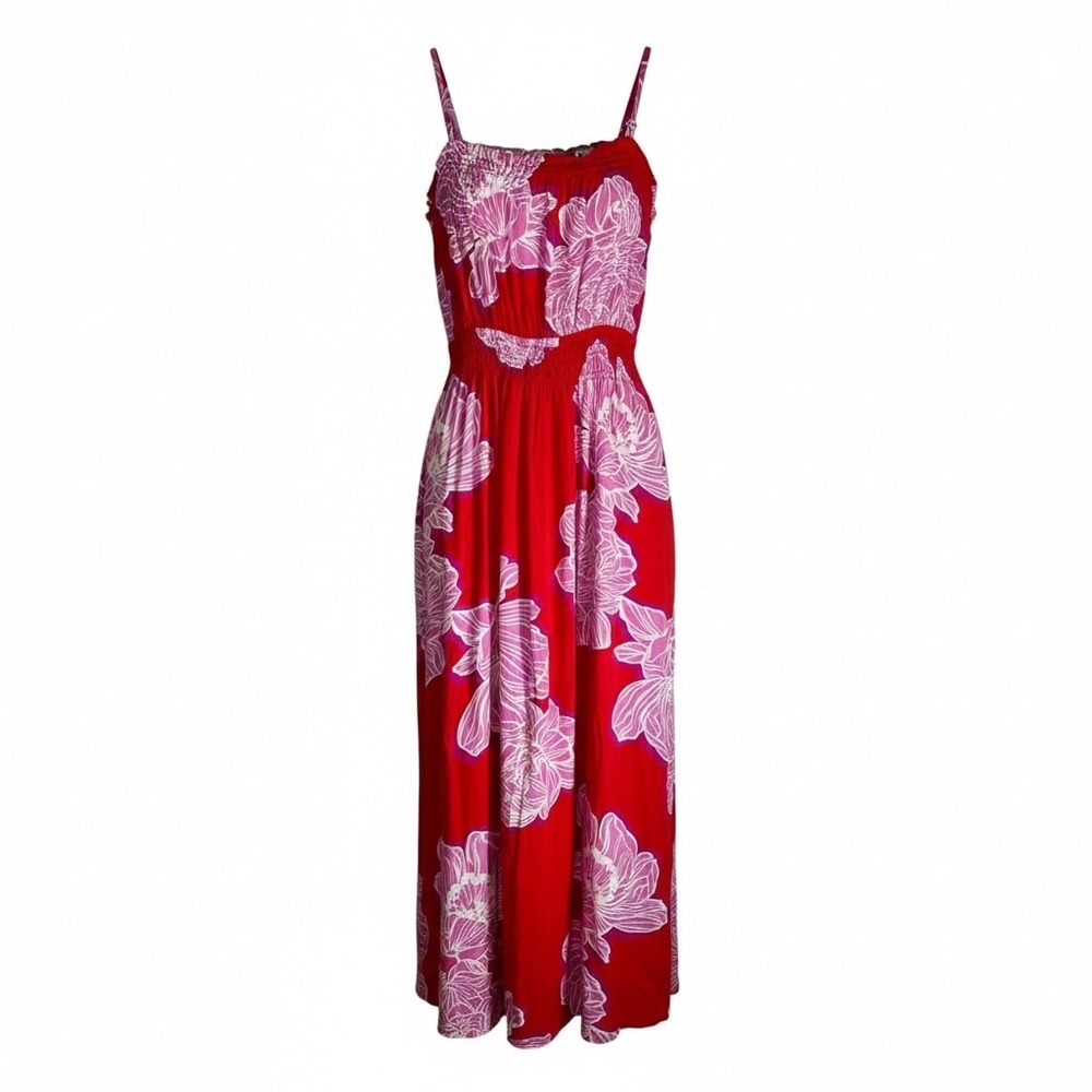 Petal‎ + Pup Floral Maxi Dress Size M Red Pink Smocked Bodice Spaghetti Strap